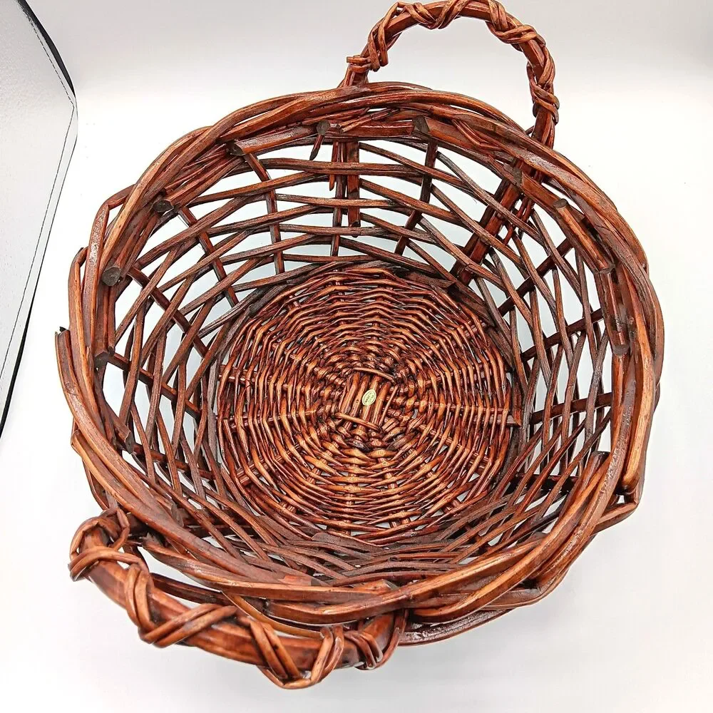 Wicker Gathering Basket Brown Thick Woven Side Handle Round Decor Bread Fruit 9